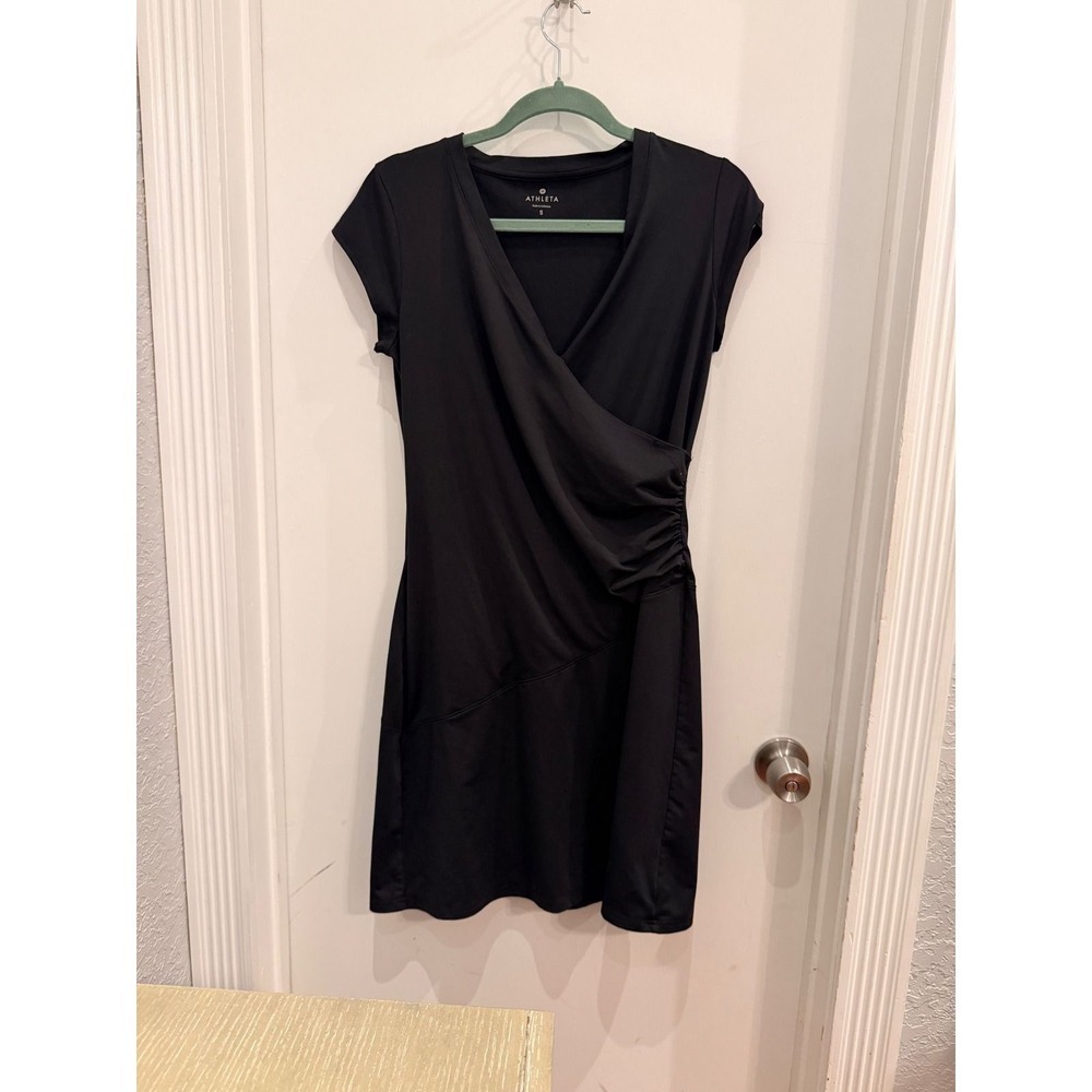 Athleta‎ Santorini Faux Wrap Dress Size S Black Athleisure Minimalist Travel